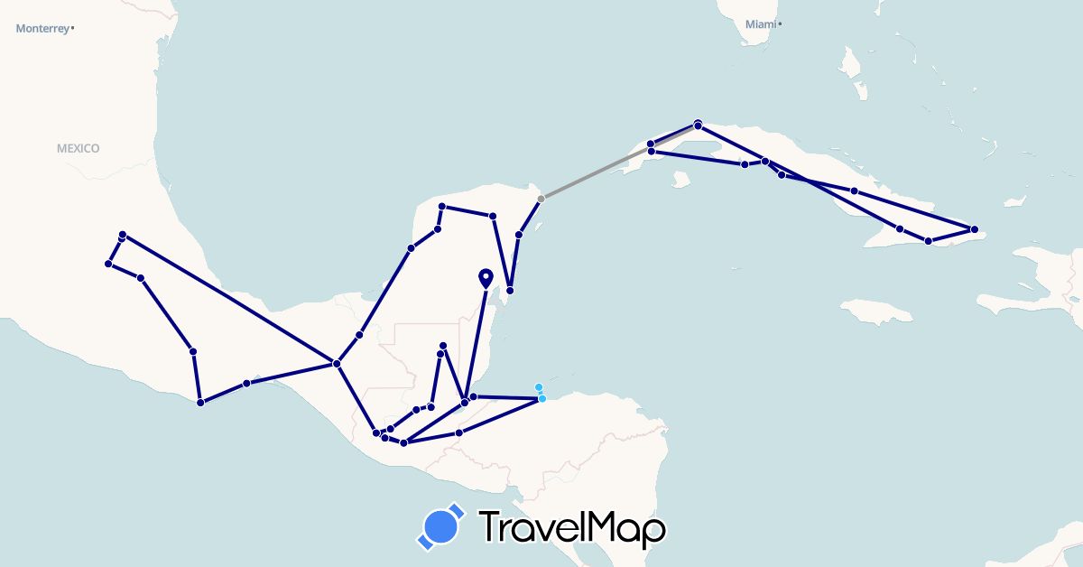 TravelMap itinerary: driving, plane, boat in Cuba, Guatemala, Honduras, Mexico (North America)