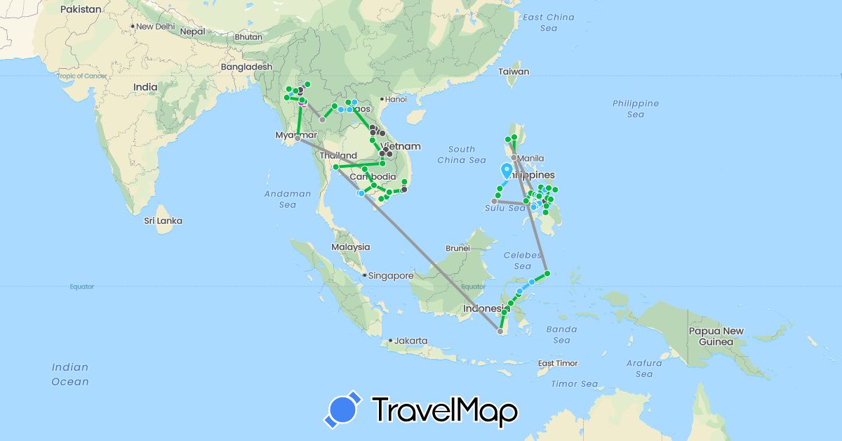 TravelMap itinerary: driving, bus, plane, train, hiking, boat, motorbike in Indonesia, Cambodia, Laos, Myanmar (Burma), Philippines, Thailand, Vietnam (Asia)